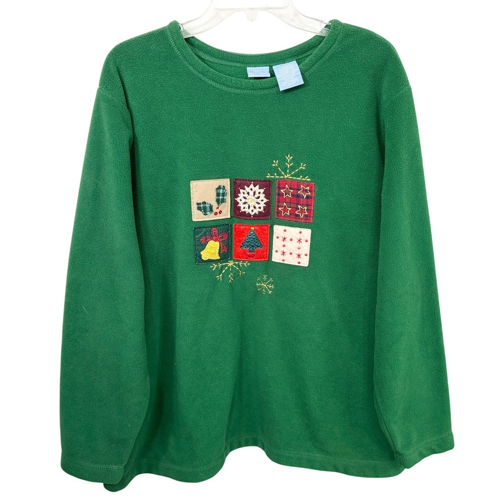Holiday Editions Plus Size 2X Sweater Green Fleece Christmas Patchwork 1321